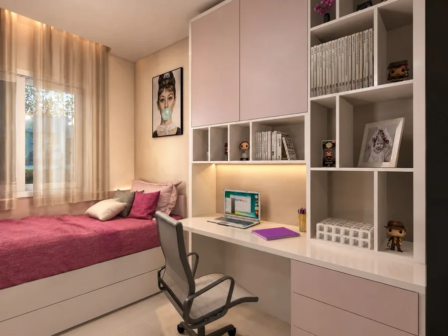 Renderização 3D de quarto planejado pela Metri Marcenaria, com cama e escrivaninha